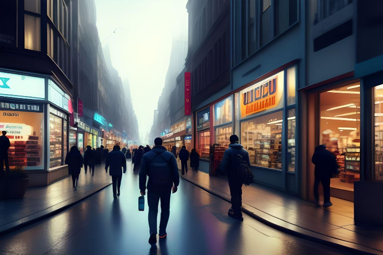 Person walking in busy street with stores